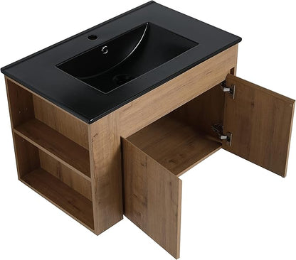 Goujxcy 30" Wall Mounted Bathroom Vanity with Sink, Modern Floating Bathroom Cabinet with Black Ceramic Basin and Storage Cabinet/Shelf, Soft-Closing Door Wood Hanging Bath Room Cabinets