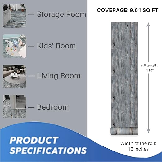 Wood Grain Peel and Stick Floor Tiles 11.8"x118" Hazy Blue | Realistic Wood Grain Finish, Slip‑Resistant Texture, Low‑Repeat Grain Design, Continuous Roll Pattern Flow, Waterproof