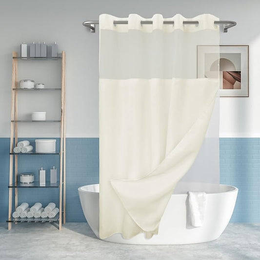 River Dream No Hook Long Shower Curtain with Snap-in Liner, Sand, 71x77 | Snap on/off Waterproof PEVA Liner, See Through Top Window, Slub Textured, Hotel Style Shower Curtain Set, Longer Size
