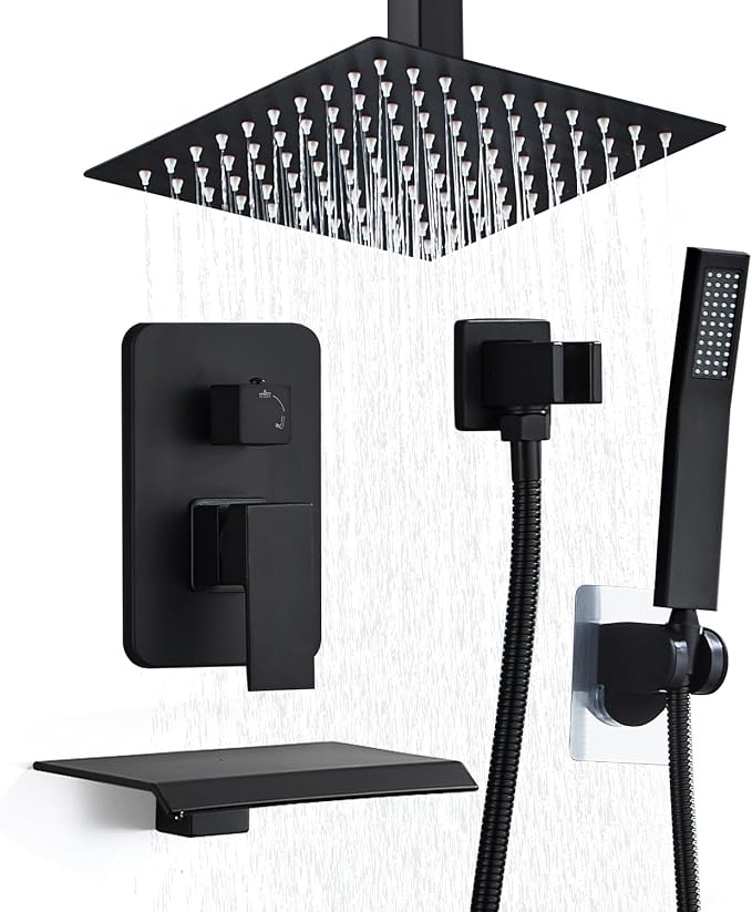 8 Inch Shower Faucet Set, Ceiling Mounted Rainfall Shower System with High Pressure Handheld Shower Head, Bathroom Mixer Shower Set Rough-in Valve and Trim Kit, Matte Black, with Tub Spout