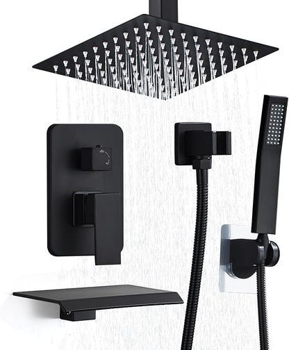 8 Inch Shower Faucet Set, Ceiling Mounted Rainfall Shower System with High Pressure Handheld Shower Head, Bathroom Mixer Shower Set Rough-in Valve and Trim Kit, Matte Black, with Tub Spout