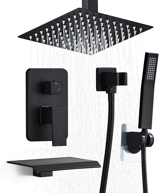 8 Inch Shower Faucet Set, Ceiling Mounted Rainfall Shower System with High Pressure Handheld Shower Head, Bathroom Mixer Shower Set Rough-in Valve and Trim Kit, Matte Black, with Tub Spout