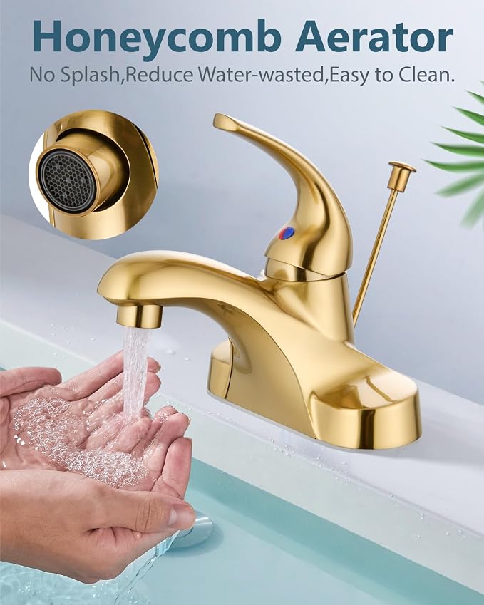 4-Inch Centerset Bathroom Sink Faucet with Drain, Brushed Gold | Single-Handle Vanity Faucet with Lift Rod Drain, 24-Inch Supply Lines, 1.2 GPM, 3-Hole Deck Mount, Easy Installation