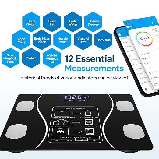 Smart Body Fat Scale with Led Display - Digital Bathroom Scale with Bluetooth, Accurate Body Composition Measurement, Muscle Mass, BMI, and Body Water Analysis