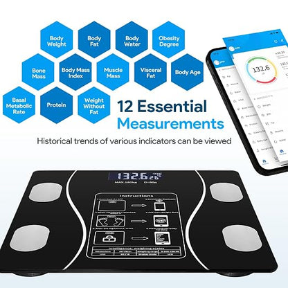 Smart Body Fat Scale with Led Display - Digital Bathroom Scale with Bluetooth, Accurate Body Composition Measurement, Muscle Mass, BMI, and Body Water Analysis