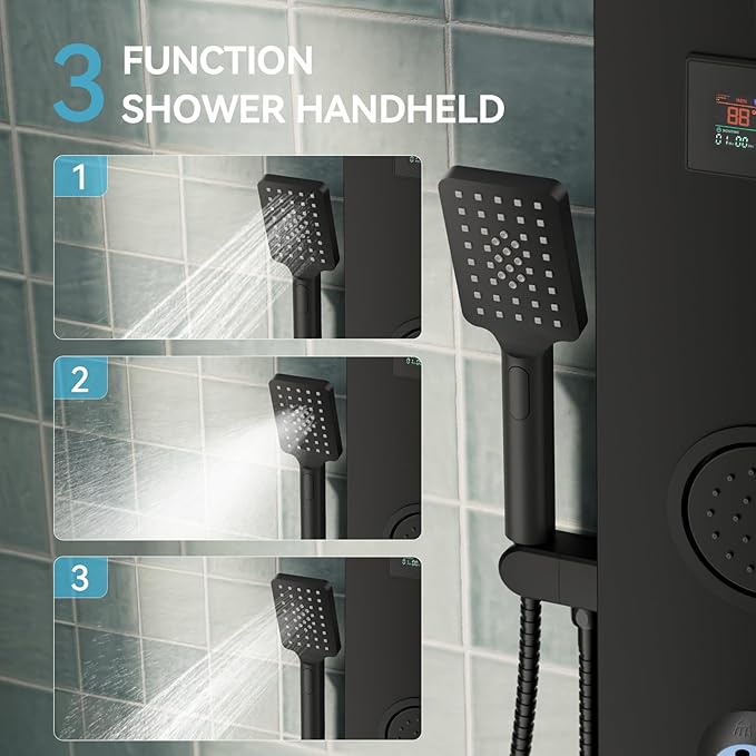 5 in 1 Black Shower Panel Tower System With Storage Shelf, 304 Stainless Steel Shower Tower with Rainfall Shower Handheld and Tub Spout, Powerful Body Jets, Wall-Mounted Shower Set