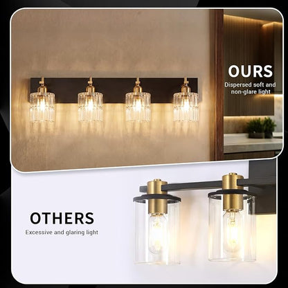 ocioc 4-Light Bathroom Lighting Fixtures Over Mirror,29 Inch | Modern Black and Gold Wall Lamp with Clear Crystal Glass Shades, Dimmable E26 Base, for Bedroom Mirror Hallway