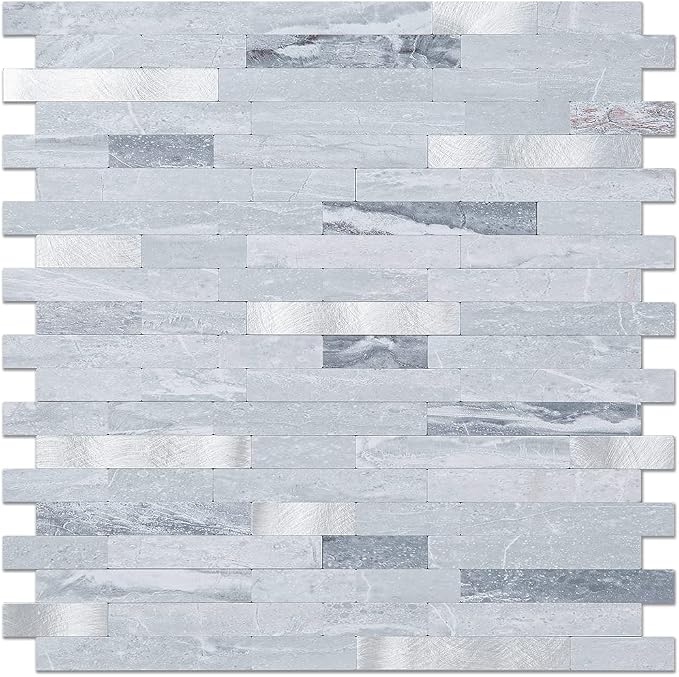 DICOFUN Peel and Stick Backsplash Wall Tiles, 1 Sheet Light Grey Faxu Stone PVC Mixed Metal Kitchen Backsplash Peel and Stick