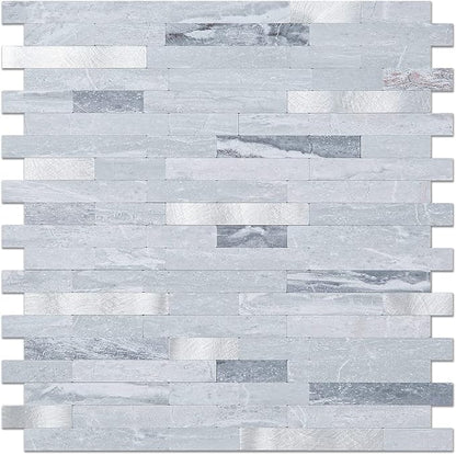 DICOFUN Peel and Stick Backsplash Wall Tiles, 1 Sheet Light Grey Faxu Stone PVC Mixed Metal Kitchen Backsplash Peel and Stick