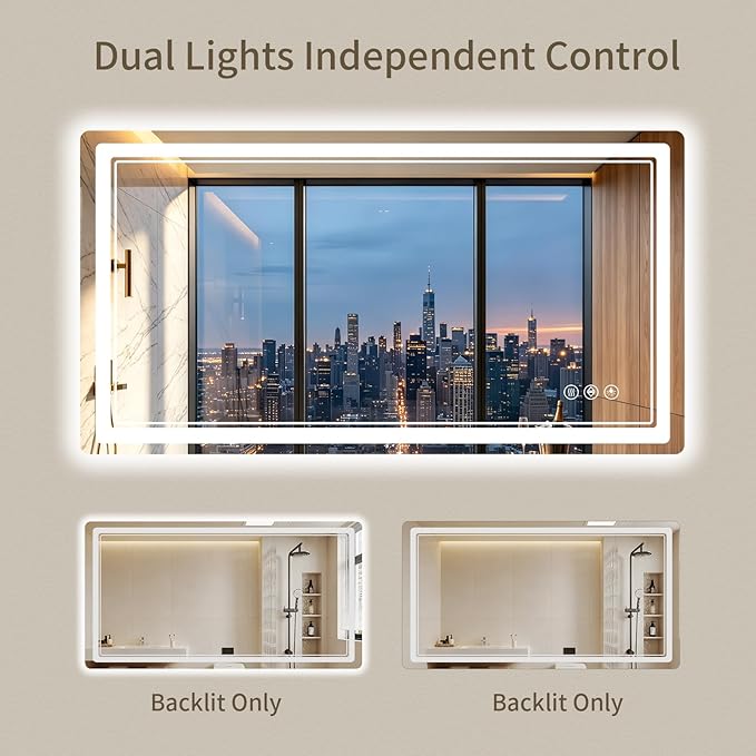 30"x55" LED Bathroom Mirror with Lights, Backlit + Front Lit, Anti-Fog, Lighted Bathroom Mirror for Wall, HD Shatterproof Tempered Glass, Dimmable, Memory Function (Horizontal/Vertical)