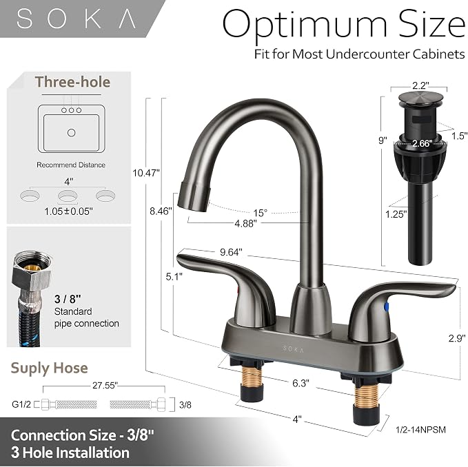 SOKA Two Handles Centerset Bathroom Faucet for Sink High Arc Stainless Steel with Deck Plate & Pop-Up Drain Assembly Fit 3 Hole Installation, Metallic Grey