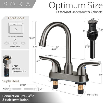SOKA Two Handles Centerset Bathroom Faucet for Sink High Arc Stainless Steel with Deck Plate & Pop-Up Drain Assembly Fit 3 Hole Installation, Metallic Grey