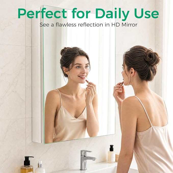 20 x 26 Aluminum Medicine Cabinet Mirror, Moisture & Rust Resistant Bathroom Wall Cabinet with Mirror, Recessed or Surface Mount with Adjustable Shelves, Tempered Glass & Soft Close Hinges