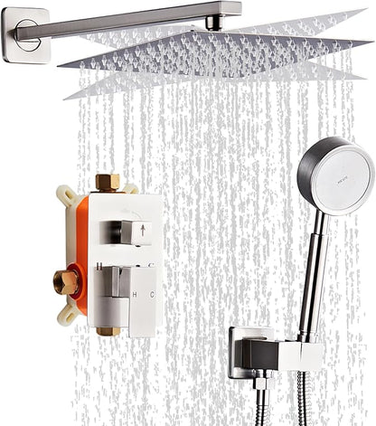 Brushed Nickel Rainfall Shower Head, Wall Mounted 8 Inch Shower Heads with Handheld Spray Combo, Luxury Bathroom Square Rain Shower System, Solid Brass Pressure Balancd Shower Faucet Valve