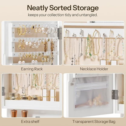 HOOBRO Wall Mounted Jewelry Cabinet, LED Jewelry Armoire with Interior Mirror, Hanging Jewelry Organizer for Wall, Lockable Jewelry Storage Cabinet, 3.9 x 11.8 x 20.9 Inches, White