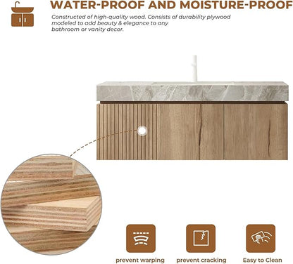 LKTART Floating 48 Inch Bathroom Vanity with Sink, Modern Plywood Wall Mounted Bathroom Storage Cabinet with 2 Doors and 1 Drawer, Roma Travertine-Pattern Sintered Stone Countertop and Ceramic Basins