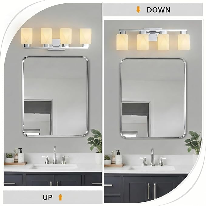 4-Light Square Bathroom Light Fixture, Chrome Modern Vanity Light with White Marble Glass Shade, for Bathroom Mirror, Living Room, Bedroom, Hallway, E26 Base