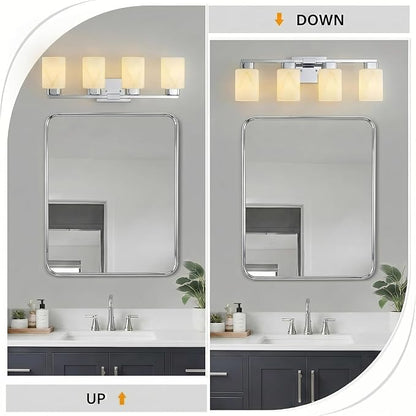4-Light Square Bathroom Light Fixture, Chrome Modern Vanity Light with White Marble Glass Shade, for Bathroom Mirror, Living Room, Bedroom, Hallway, E26 Base