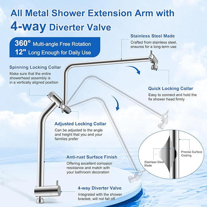 Metal 10" Filtered Rainfall Showerhead Combo, Easy Reach, Chrome | 4-Way Diverter with Pause Mode, High Pressure Shower Head with 10-Spray Handheld, 71" Hose/12" Extension Arm/Holder