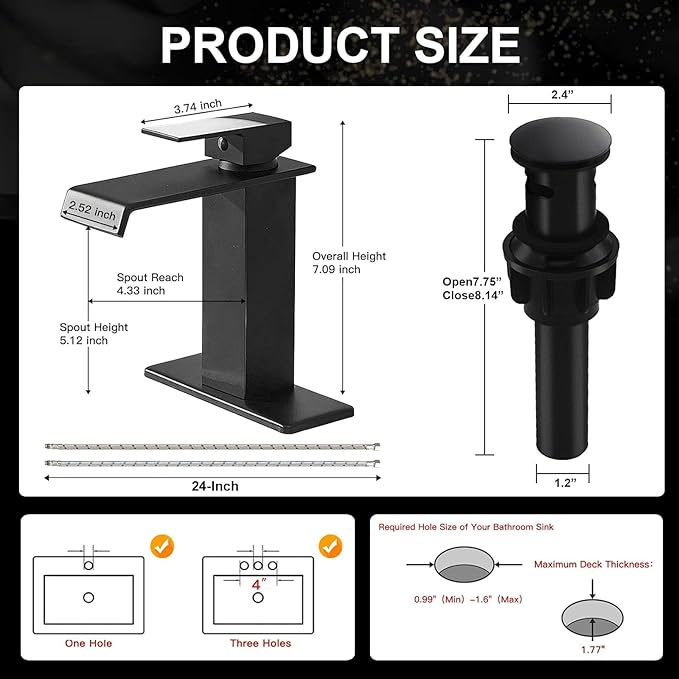 Black Waterfall Bathroom Faucet 1 Hole Deck Mount, Single Handle Bathroom Sink Faucet Modern Matte Black Lavatory Vanity Mixer Tap Commercial with Pop Up Drain