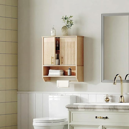 HOOBRO Fluted Bathroom Wall Cabinet, Farmhouse Medicine Cabinet with 2 Fluted Doors, Wall Storage Shelf with Towel Rack, Adjustable Shelf, for Small Spaces, Bathroom, Kitchen, Natural