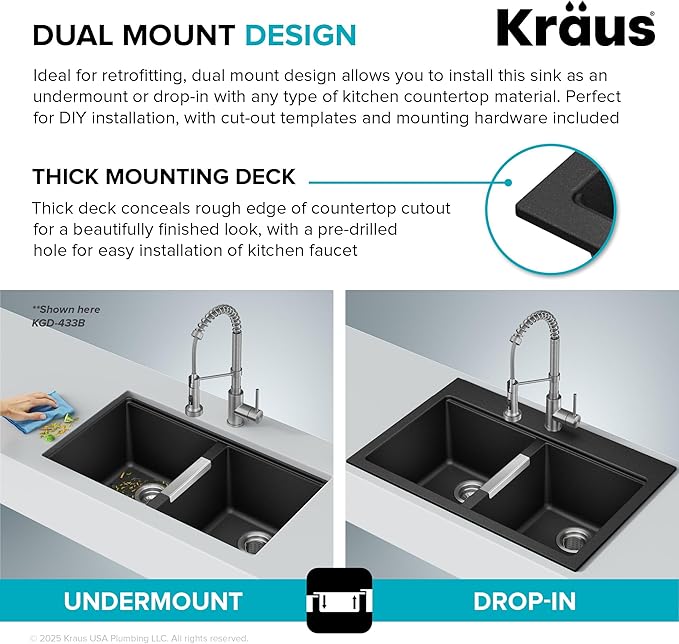 KRAUS Quarza 33-inch Granite Drop-In/Undermount 50/50 Double Bowl White Kitchen Sink, KGD-433BWHITE