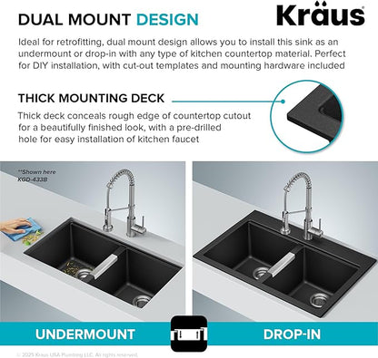 KRAUS Quarza 33-inch Granite Drop-In/Undermount 50/50 Double Bowl White Kitchen Sink, KGD-433BWHITE
