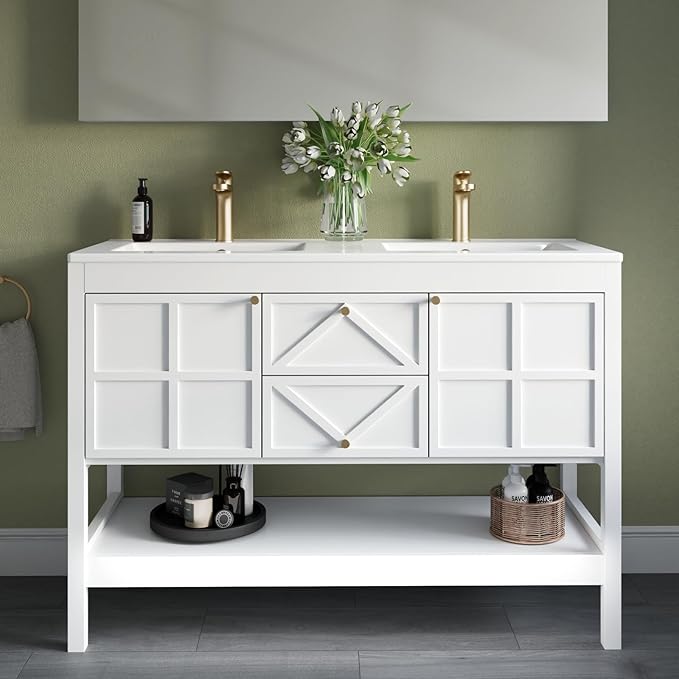48" Bathroom Vanity with Double Sink Combo, Undermount Sink Bathroom Storage Cabinet with 2 Drawers & 2 Soft-Close Doors, Freestanding Farmhouse Cabinet with Open Storage Shelf, White