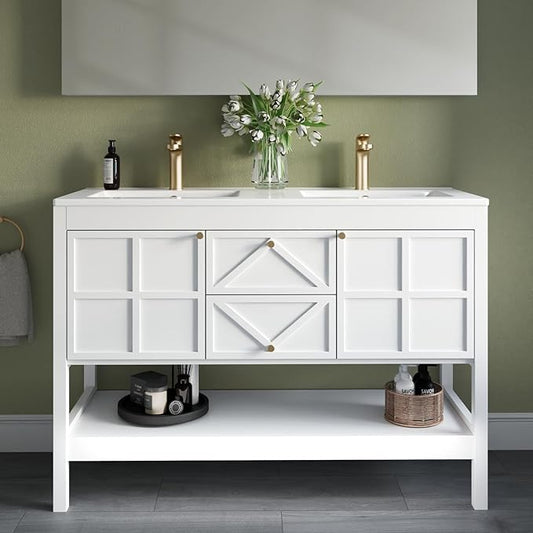 48" Bathroom Vanity with Double Sink Combo, Undermount Sink Bathroom Storage Cabinet with 2 Drawers & 2 Soft-Close Doors, Freestanding Farmhouse Cabinet with Open Storage Shelf, White