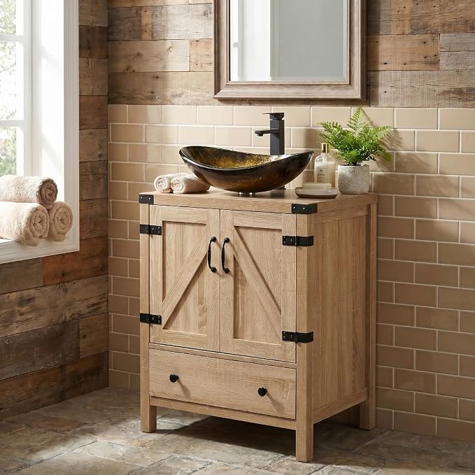 24 inch Natural Color Bathroom Vanity, Rustic Fixture Standing Pedestal Cabinet with Gold Boat Vessel Sink