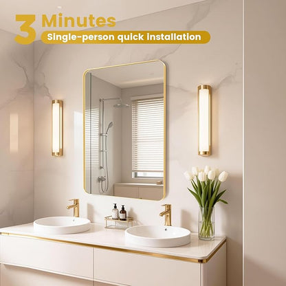 24" X 36" Gold Metal Framed Bathroom Mirror for Wall, Bathroom Mirrors for Over Sink,Gold Rounded Rectangle Mirror, Brushed Gold Bathroom Vanity Mirror Farmhouse, Anti-Rust, Tempered Glass