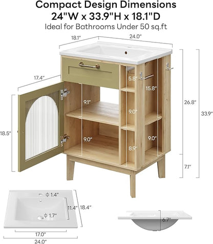 LIKIMIO 24 Inch Bathroom Vanity with Sink, Compact Bathroom Cabinet with Integrated Ceramic Sink, Arched Glass Door Storage with Adjustable Shelf, Towel Bar & Toilet Paper Holder for Small Bath
