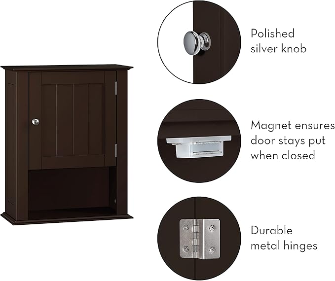 RiverRidge Ashland Bathroom Cabinet Espresso Single Door Compact Wall Mount Storage Medicine Cabinet for Bathroom