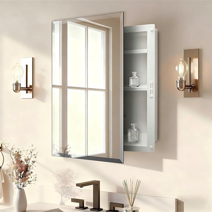 16x28 Plastic Medicine Cabinet with Mirror, Recessed or Surface Mount | 3 adjustable shelves, beveled mirror, soft-close reversible door, 95% assembled; cutout 13.86"W x 24.15"H x 3"D