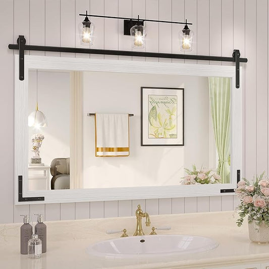 White Farmhouse Bathroom Mirror, 40x26 Inch White Vanity Mirror for Wall, Wood Framed Rustic Mirror Rectangular Wall Decor Mirrors for Entryway Living Room Bedroom