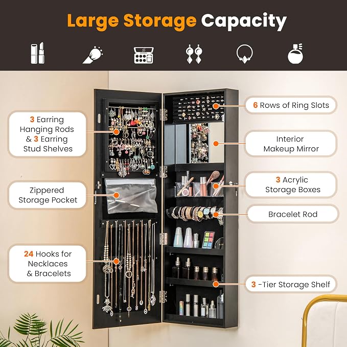 GOFLAME LED Mirror Jewelry Cabinet 47”, Wall/Door Mounted Full Length Mirror with Storage, 3-Color Lights, Interior Makeup Mirror, Jewelry Storage Organizer, Lockable Jewelry Armoire, Black