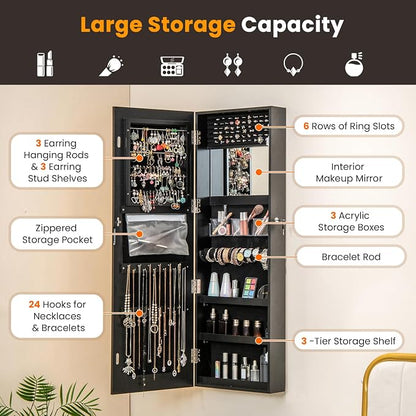 GOFLAME LED Mirror Jewelry Cabinet 47”, Wall/Door Mounted Full Length Mirror with Storage, 3-Color Lights, Interior Makeup Mirror, Jewelry Storage Organizer, Lockable Jewelry Armoire, Black