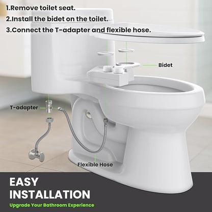 Toilet Bidet With Left/Right Side Reversible Design, Fresh Water, Non-Electric, Toilet Bidet Attachment, Right/Left Hand Side with Dual Nozzle, Self-Clean, Easy to Install (White Knob)