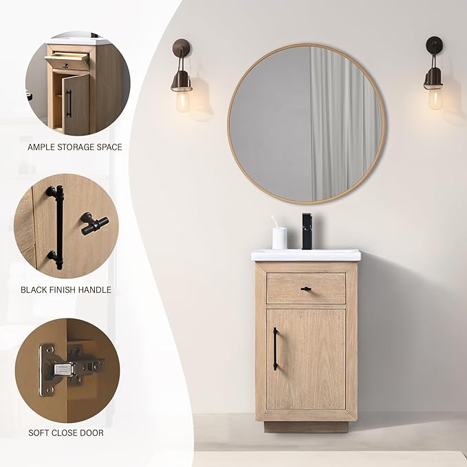 HOMEBEYOND 20 Inch Bathroom Vanity with Single Sink & Ceramic Top, MDF Material Vanity Cabinet with Basin Combo, Soft-Closing Doors, Removable Shelf, Backsplash