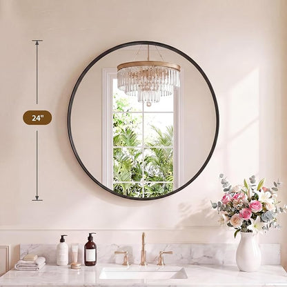 Sweetcrispy Round Bathroom Wall Mirror, Circle Vanity Mirror, 24 Inch | Matte Metal Frame, Home Decor Circle Mirrors for Bathroom Sink, Entryway, Bedroom, Black