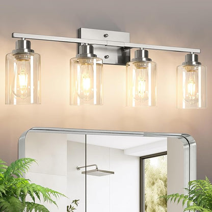 Ascher Bathroom Light Fixtures, 4-Light Vanity Light Over Mirror, Brushed Nickel Wall Sconces with Clear Glass Shades, Wall Lamp for Living Room Bedroom, E26 Base(Bulbs Not Included)