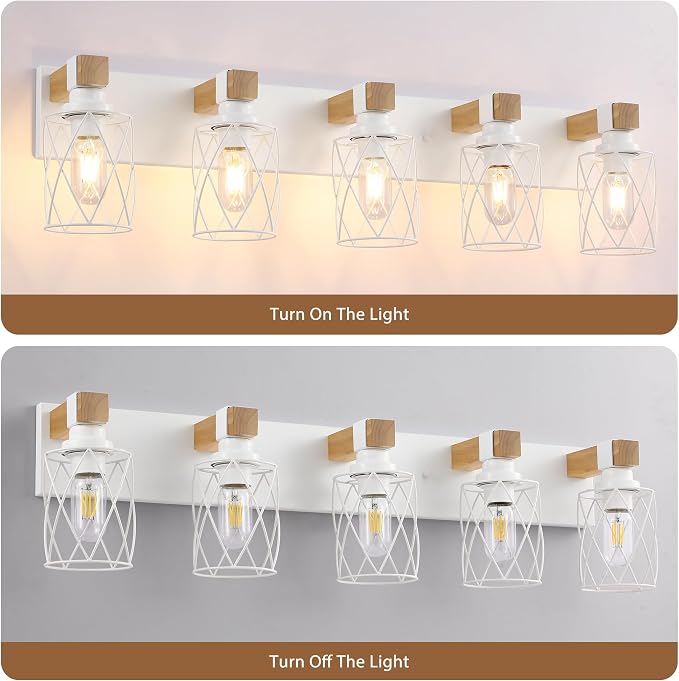 Farmhouse 5-Light Wood Bathroom Vanity Light, White Metal Cage Shade | Mounted Over Mirror, Industrial Rustic Style, Ideal for Bathroom, Bedroom, Hallway & Living Room, Easy To Install