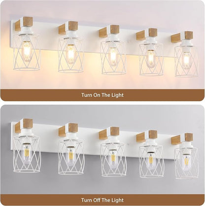 Farmhouse 5-Light Wood Bathroom Vanity Light, White Metal Cage Shade | Mounted Over Mirror, Industrial Rustic Style, Ideal for Bathroom, Bedroom, Hallway & Living Room, Easy To Install
