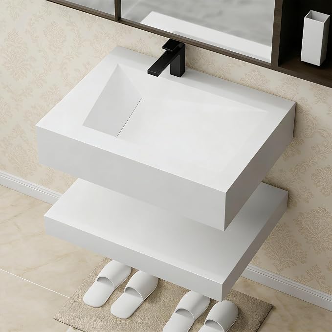 Wall-Mounted Resin Stone 24" Bathroom Sink, Seamless Integrated Vessel Sink with Sloped Design & Open Storage Shelf, Modern Floating Vanity for Bathrooms & Outdoor Spaces