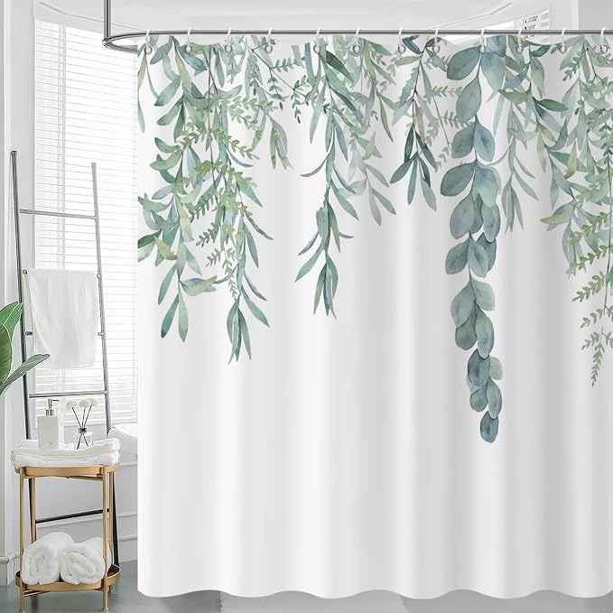Botanical Shower Curtains, Watercolor Eucalyptus Leaf Plant Green Bathroom Curtain for Bathtub Home Decoration Waterproof Fabric Machine Washable with 12 Hooks