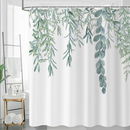 Botanical Shower Curtains, Watercolor Eucalyptus Leaf Plant Green Bathroom Curtain for Bathtub Home Decoration Waterproof Fabric Machine Washable with 12 Hooks