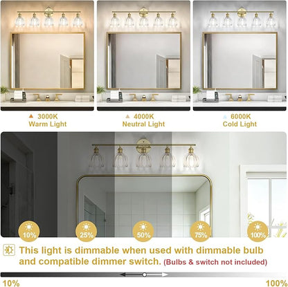 Vintage Bathroom Light Fixtures,5-Light Hardwired Vanity Lights with Clear Tulip Glass Shade,Gold Bathroom Vanity Light for Mirror Restroom,E26 Socket,33.46 in(Bulbs Not Included)