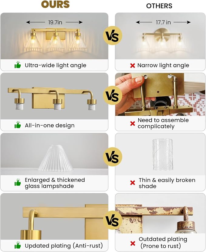 AIJIASI Modern Bathroom Vanity Light 3-Light Brushed Gold Bathroom Light Fixtures with Ribbed Glass Shade 24 Inch Up/Down Mount Vanity Lighting Fixtures Over Mirror for Bath Bedroom Makeup
