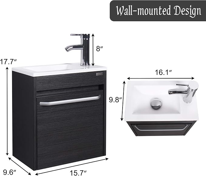wonline 16” Bathroom Vanity Sink Combo for Small Space Black Wall Mounted Cabinet Set Design White Resin Basin Sink Top Chrome Faucet