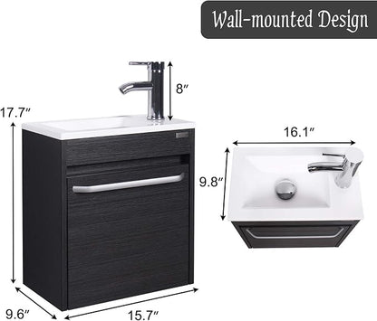 wonline 16” Bathroom Vanity Sink Combo for Small Space Black Wall Mounted Cabinet Set Design White Resin Basin Sink Top Chrome Faucet